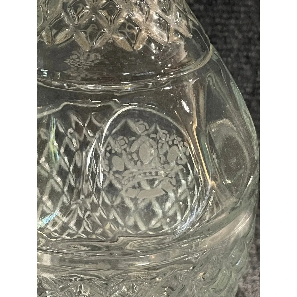 Vintage Etched Glass Decanter Crown and Grapes Diamond Pattern with Stopper 10in